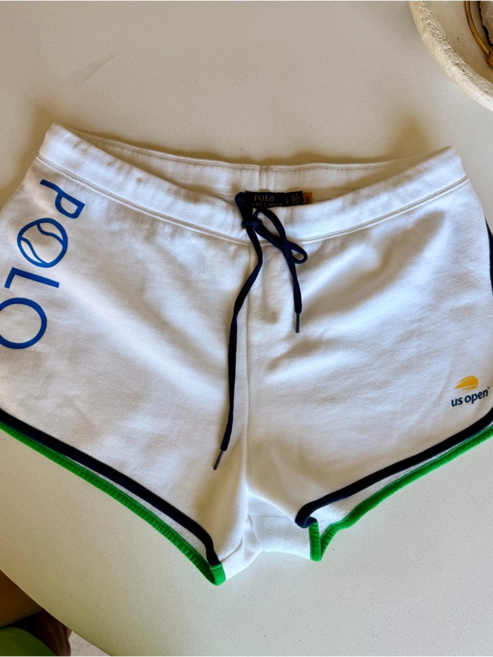 Polo by Ralph Lauren White Athletic Shorts with Navy Drawstring & Green Trim